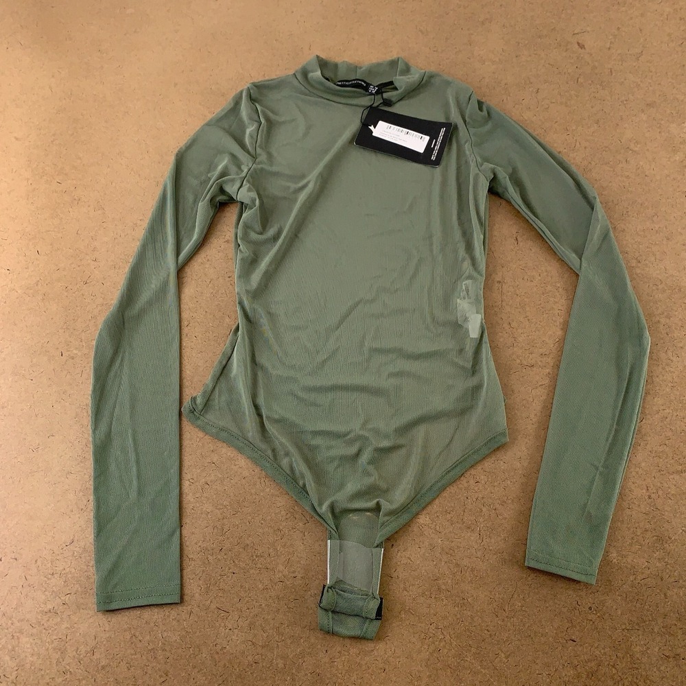 Pretty Little Thing Women's Size 6 Khaki Green Mesh Long Sleeve Bodysuit NWT
